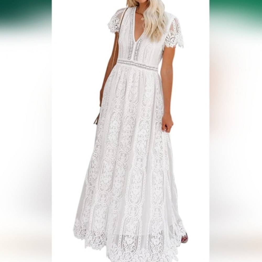 Merokeety White Boho Dress XL Beach Wedding